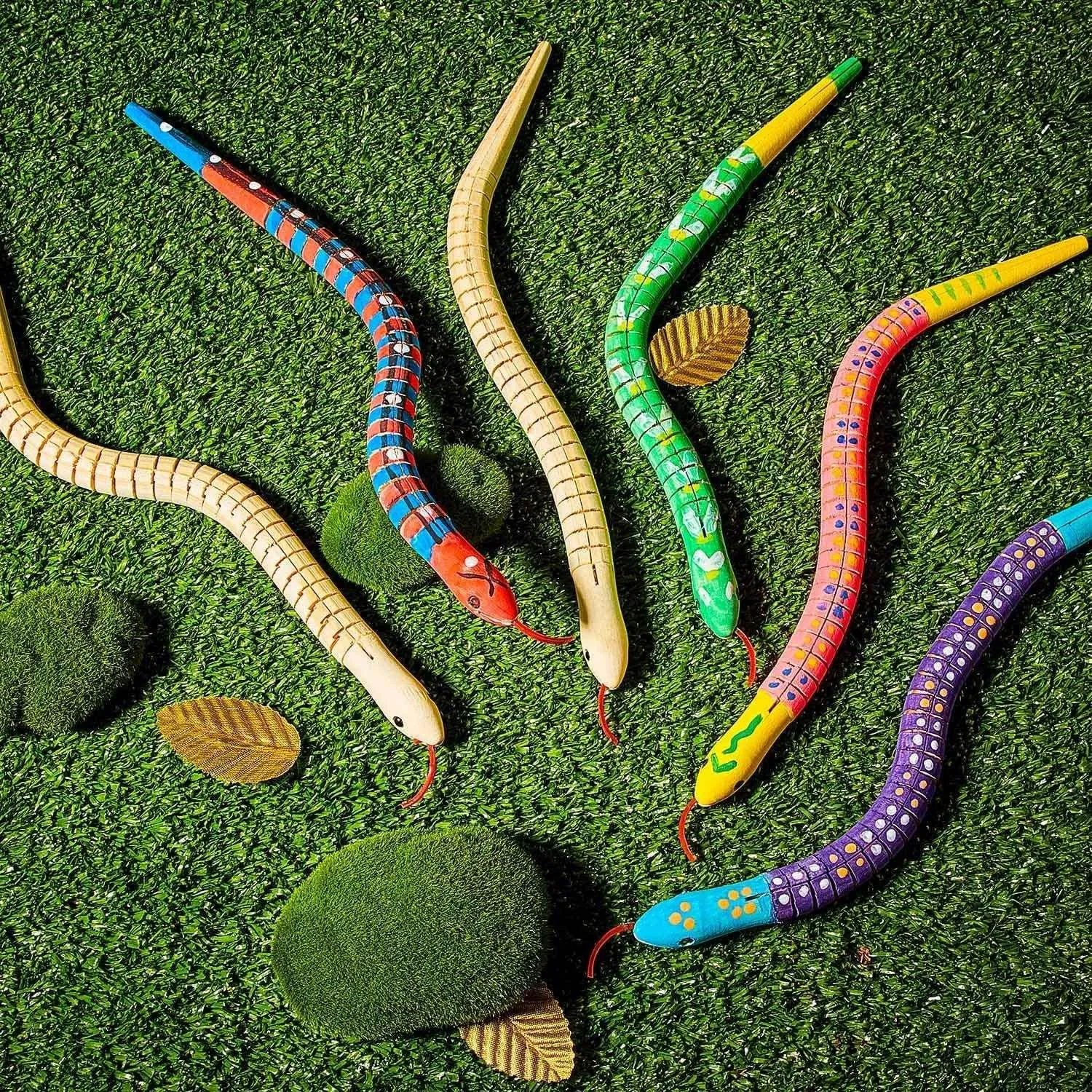 10 Pieces Wooden Snake Unfinished Wiggly Jointed Flexible Wooden with 12 Colors Acrylic Craft Paint and 2 Pieces Paint Brush