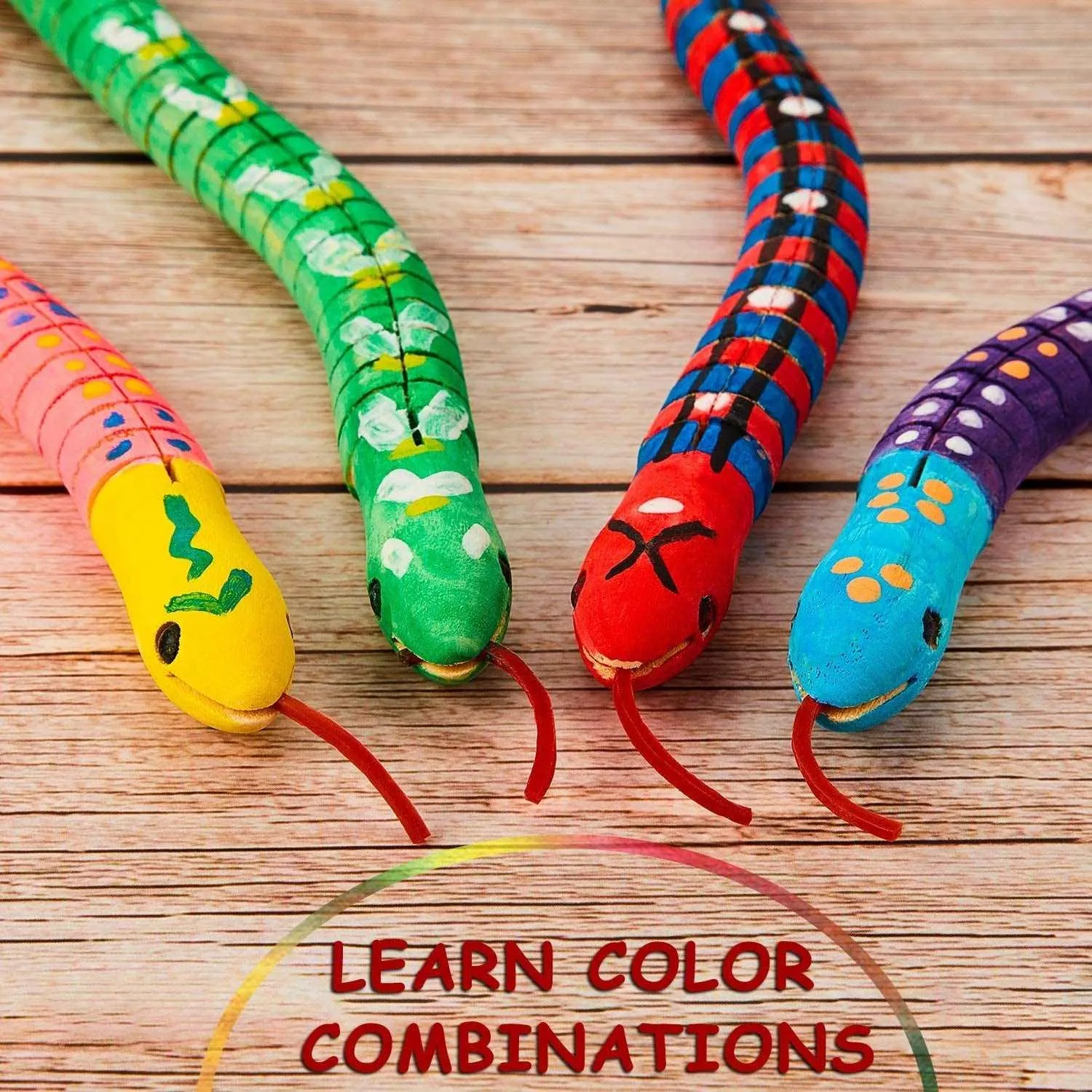 10 Pieces Wooden Snake Unfinished Wiggly Jointed Flexible Wooden with 12 Colors Acrylic Craft Paint and 2 Pieces Paint Brush