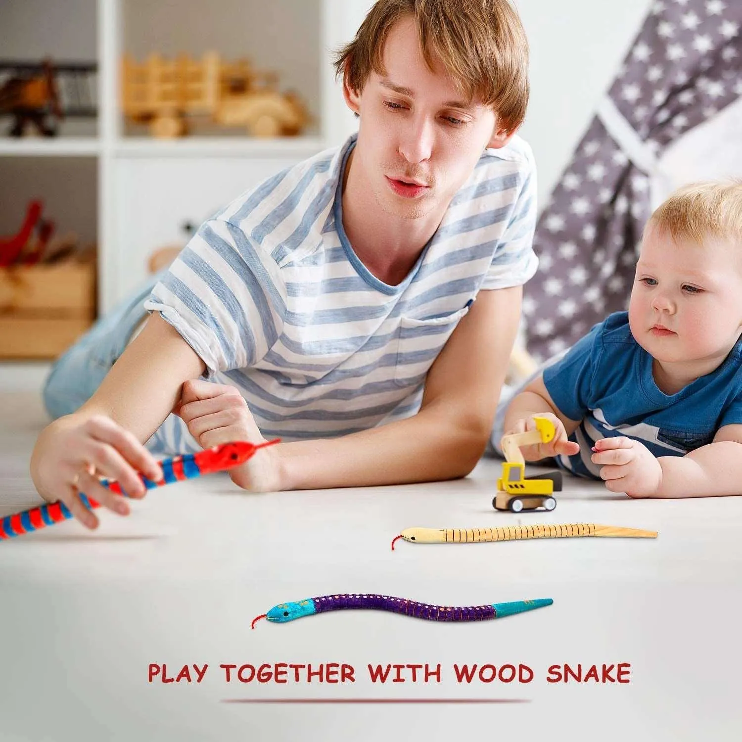 10 Pieces Wooden Snake Unfinished Wiggly Jointed Flexible Wooden with 12 Colors Acrylic Craft Paint and 2 Pieces Paint Brush