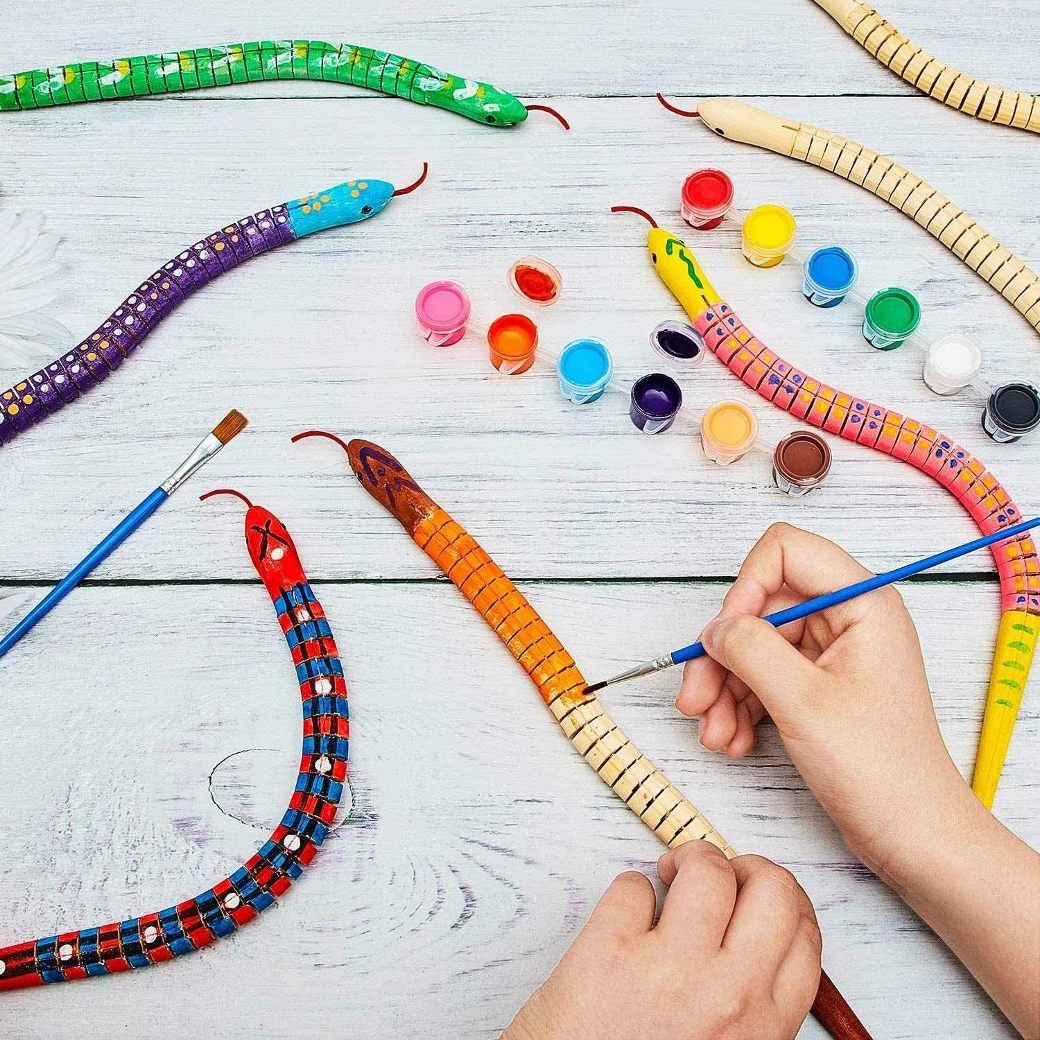 10 Pieces Wooden Snake Unfinished Wiggly Jointed Flexible Wooden with 12 Colors Acrylic Craft Paint and 2 Pieces Paint Brush