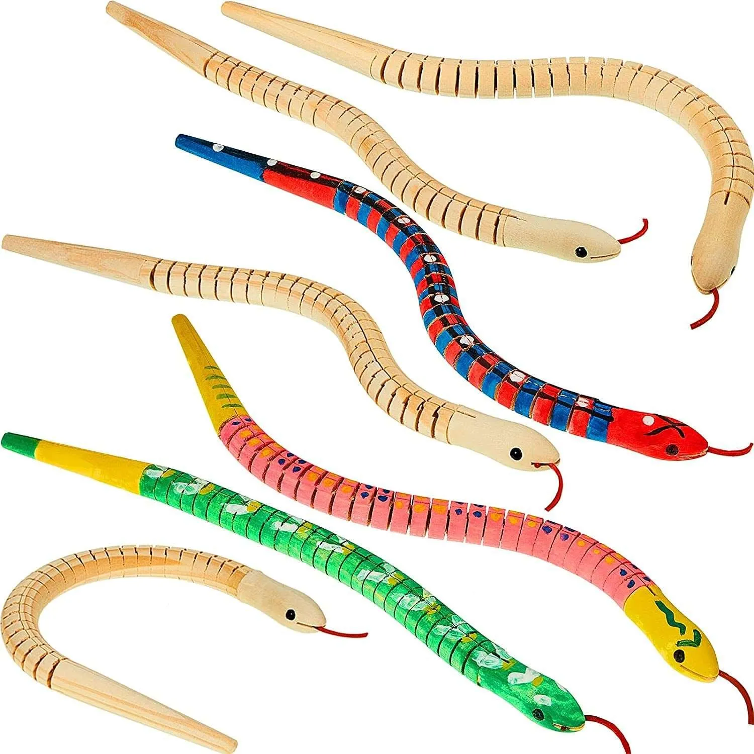 10 Pieces Wooden Snake Unfinished Wiggly Jointed Flexible Wooden with 12 Colors Acrylic Craft Paint and 2 Pieces Paint Brush