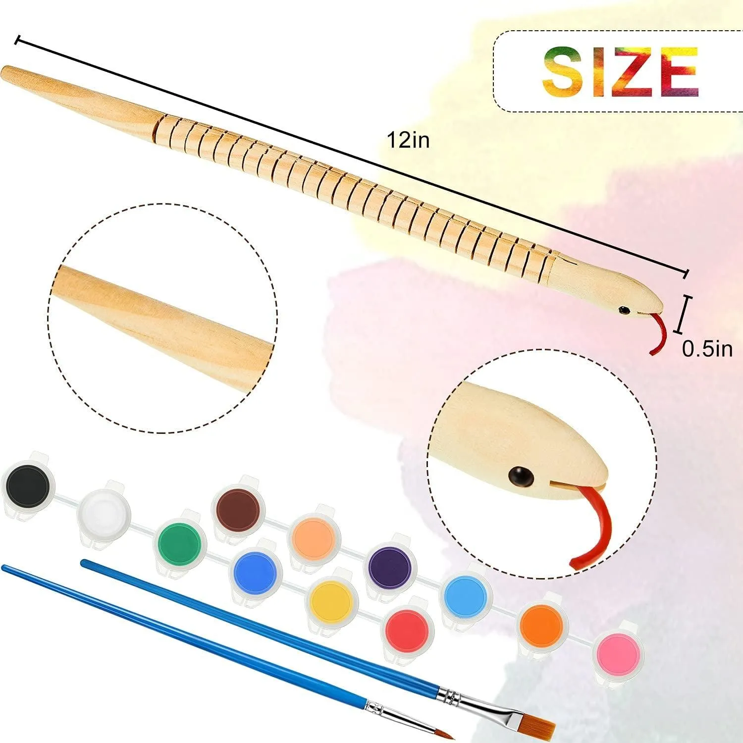 10 Pieces Wooden Snake Unfinished Wiggly Jointed Flexible Wooden with 12 Colors Acrylic Craft Paint and 2 Pieces Paint Brush