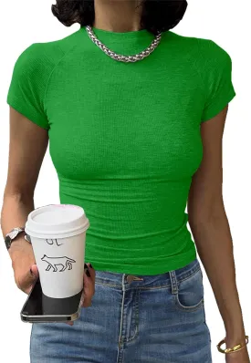 Abardsion Women's Casual Basic Knit Ribbed Tees 2024 Slim Raglan Sleeve Crewneck T Shirts Tops
