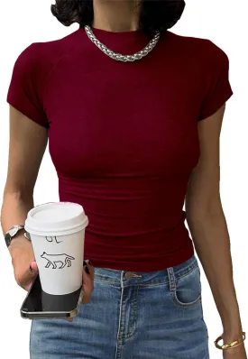 Abardsion Women's Casual Basic Knit Ribbed Tees 2024 Slim Raglan Sleeve Crewneck T Shirts Tops