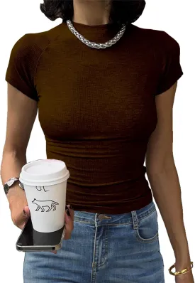 Abardsion Women's Casual Basic Knit Ribbed Tees 2024 Slim Raglan Sleeve Crewneck T Shirts Tops
