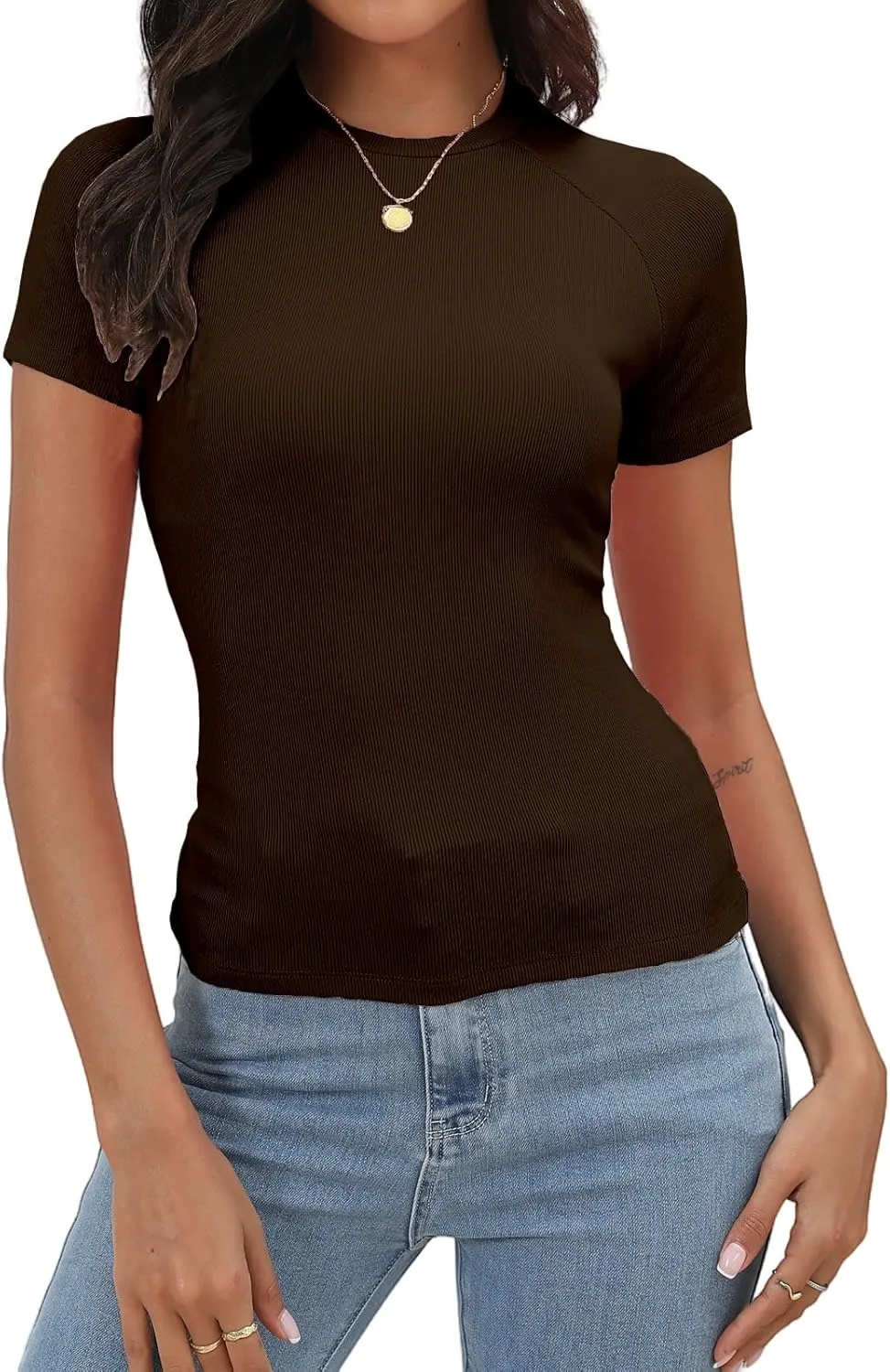 Abardsion Women's Casual Basic Knit Ribbed Tees 2024 Slim Raglan Sleeve Crewneck T Shirts Tops