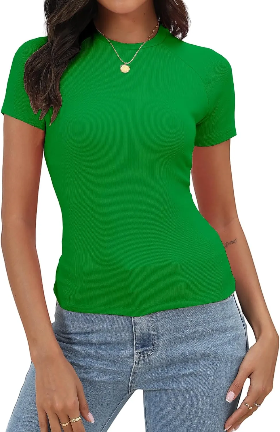 Abardsion Women's Casual Basic Knit Ribbed Tees 2024 Slim Raglan Sleeve Crewneck T Shirts Tops