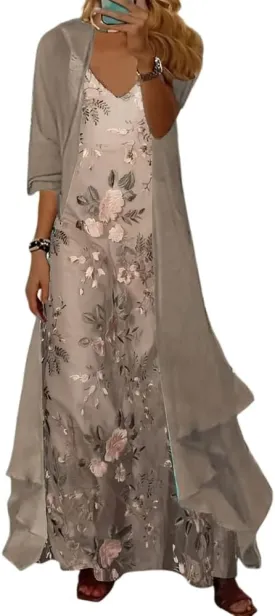 Akivide Womens's Casual 2 Piece Set Boho Floral Print Maxi Dress with Cardigan Flowy Chiffon Wedding Guest Dresses for Women