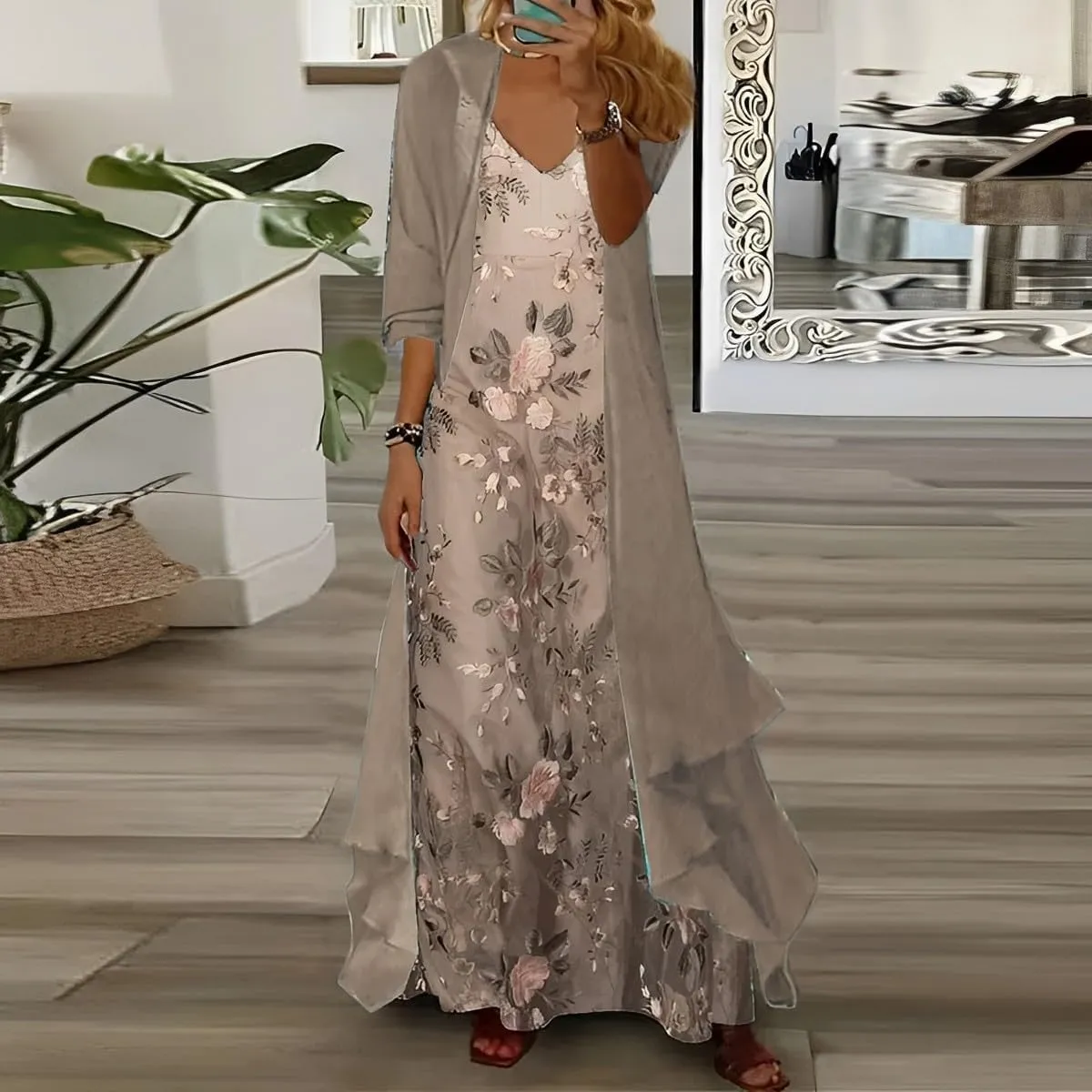 Akivide Womens's Casual 2 Piece Set Boho Floral Print Maxi Dress with Cardigan Flowy Chiffon Wedding Guest Dresses for Women
