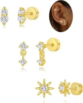 Angelady Flat Back Earrings Set for Women, Sterling Silver Flat Back Stud Earring Hypoallergenic Earrings, Dainty Gold Cartilage Earring Helix Piercing Jewelry for Women 3 Pairs