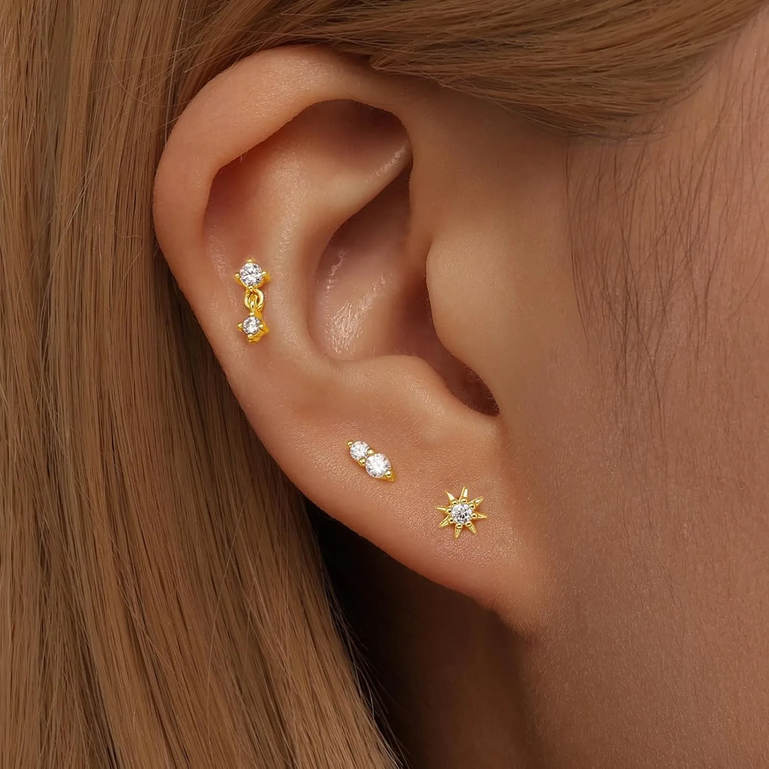 Angelady Flat Back Earrings Set for Women, Sterling Silver Flat Back Stud Earring Hypoallergenic Earrings, Dainty Gold Cartilage Earring Helix Piercing Jewelry for Women 3 Pairs