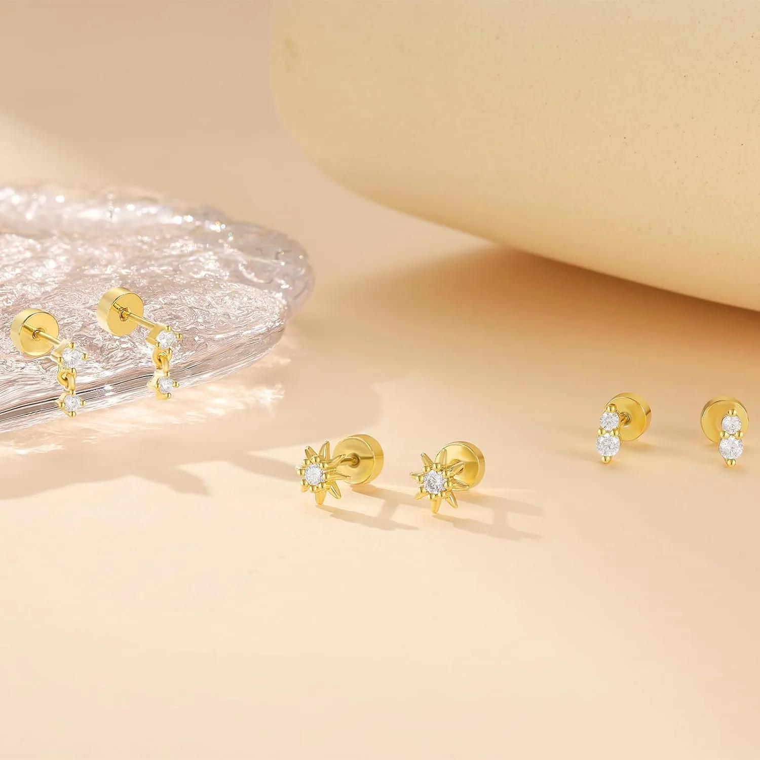 Angelady Flat Back Earrings Set for Women, Sterling Silver Flat Back Stud Earring Hypoallergenic Earrings, Dainty Gold Cartilage Earring Helix Piercing Jewelry for Women 3 Pairs