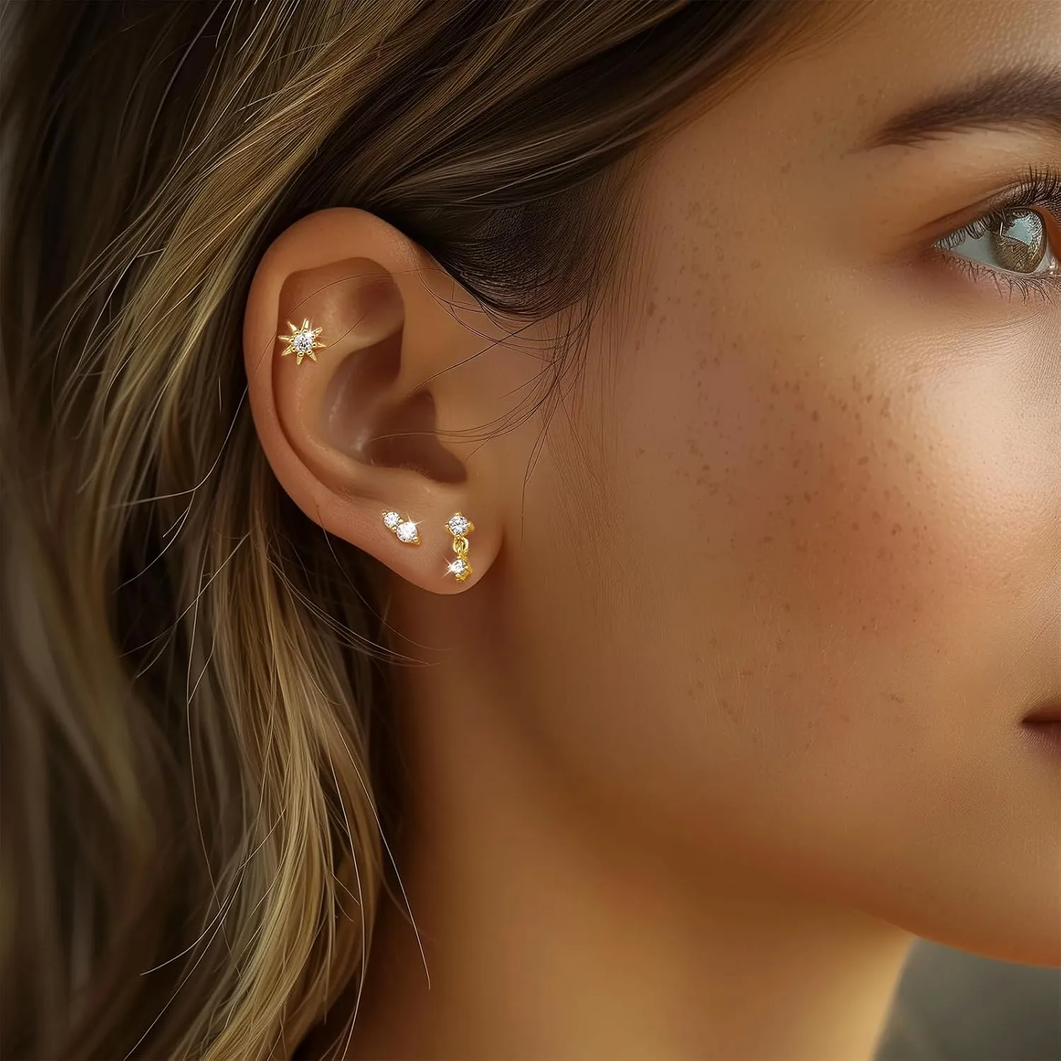 Angelady Flat Back Earrings Set for Women, Sterling Silver Flat Back Stud Earring Hypoallergenic Earrings, Dainty Gold Cartilage Earring Helix Piercing Jewelry for Women 3 Pairs