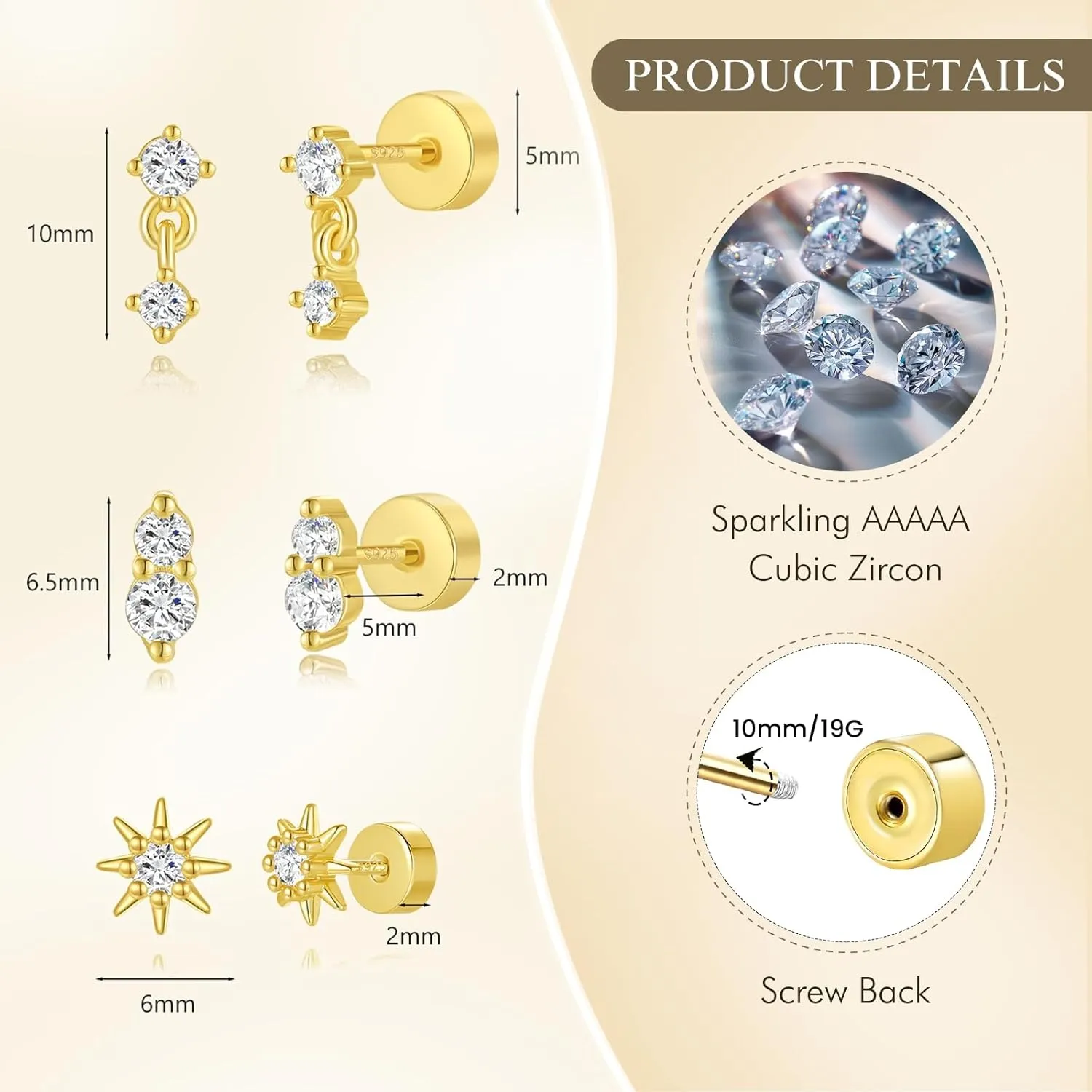 Angelady Flat Back Earrings Set for Women, Sterling Silver Flat Back Stud Earring Hypoallergenic Earrings, Dainty Gold Cartilage Earring Helix Piercing Jewelry for Women 3 Pairs