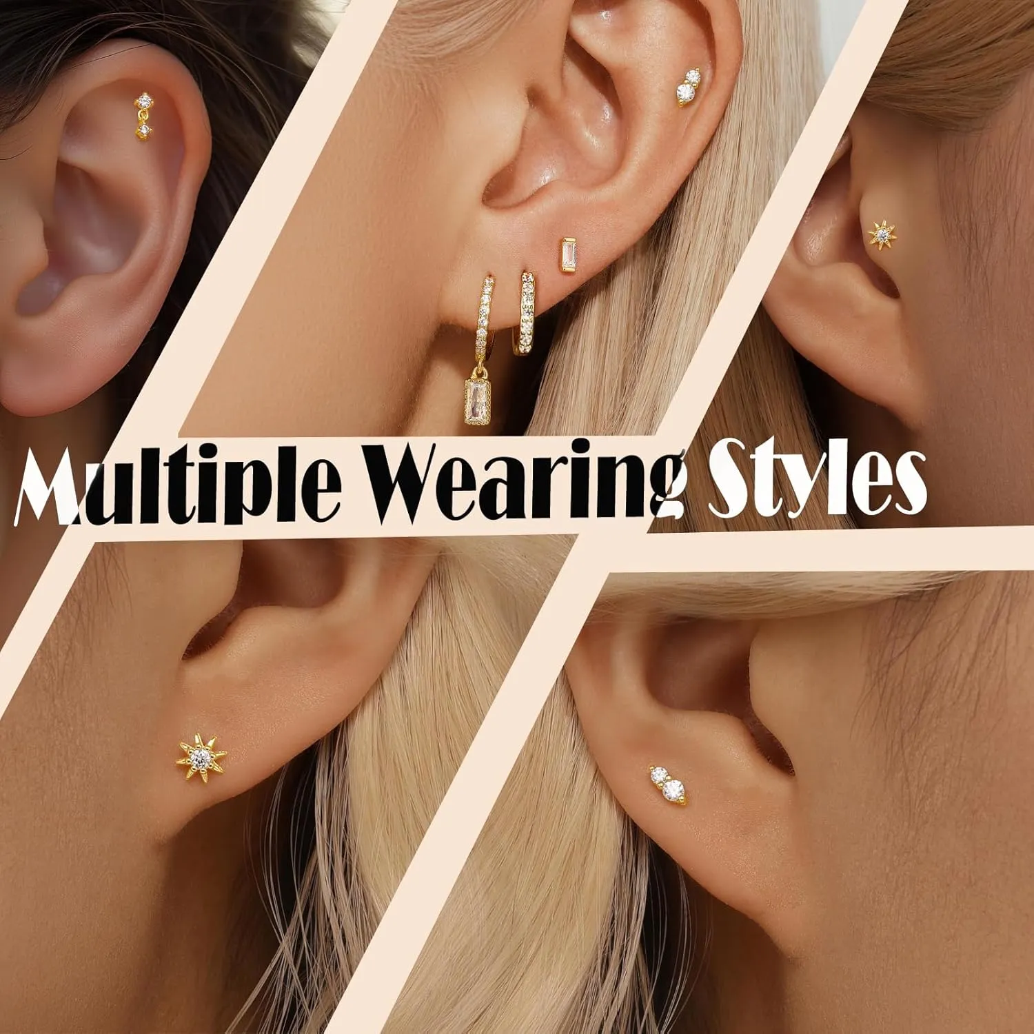 Angelady Flat Back Earrings Set for Women, Sterling Silver Flat Back Stud Earring Hypoallergenic Earrings, Dainty Gold Cartilage Earring Helix Piercing Jewelry for Women 3 Pairs