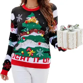 ASTANFY Ugly Christmas Sweaters for Women Sequin Christmas Sweater Christmas Tree Snowflake Graphic Holiday Pullover