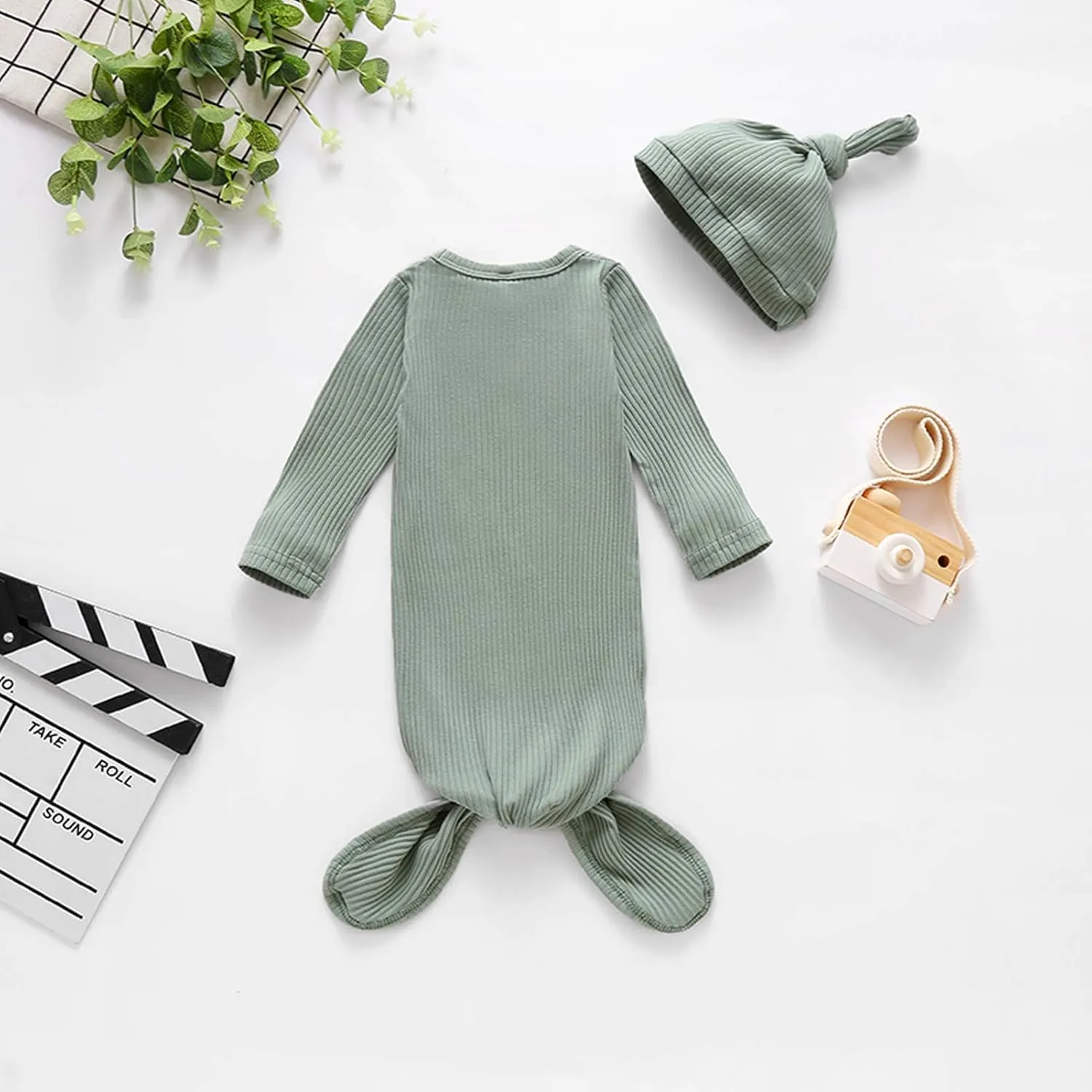 BASKOPA Baby Knotted Sleeper Gown Unisex Boys Girls Sleepsuits with Mitten Cuffs and Matching Hat Baby Coming Home Outfit