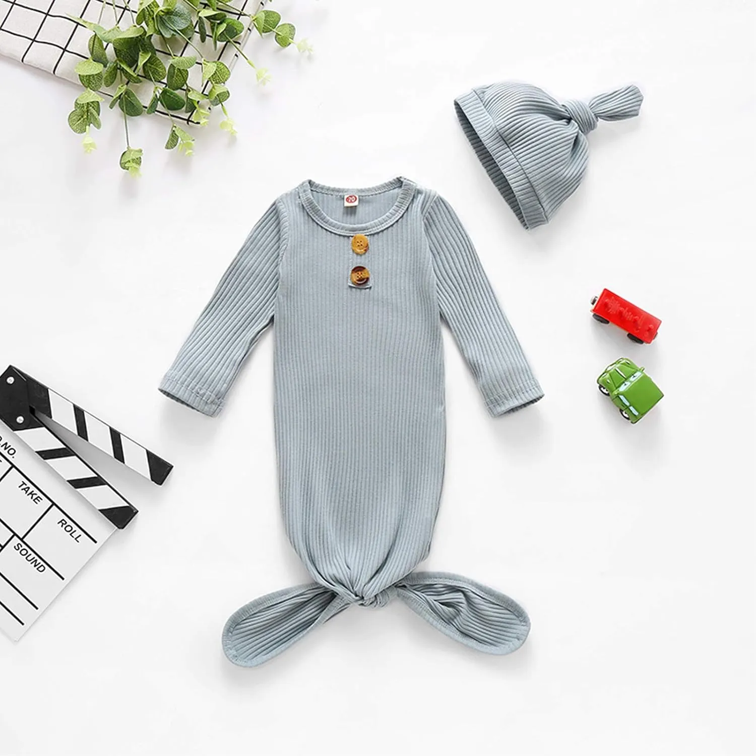 BASKOPA Baby Knotted Sleeper Gown Unisex Boys Girls Sleepsuits with Mitten Cuffs and Matching Hat Baby Coming Home Outfit