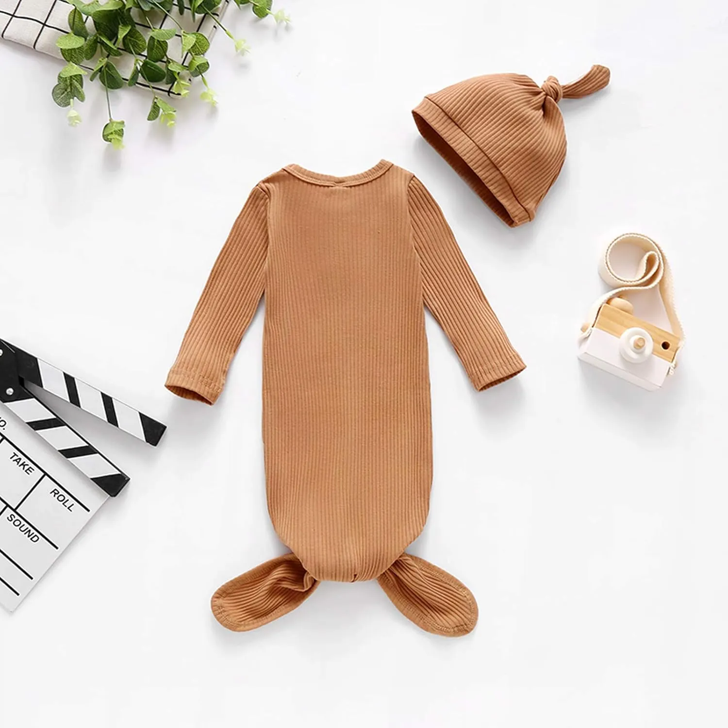 BASKOPA Baby Knotted Sleeper Gown Unisex Boys Girls Sleepsuits with Mitten Cuffs and Matching Hat Baby Coming Home Outfit