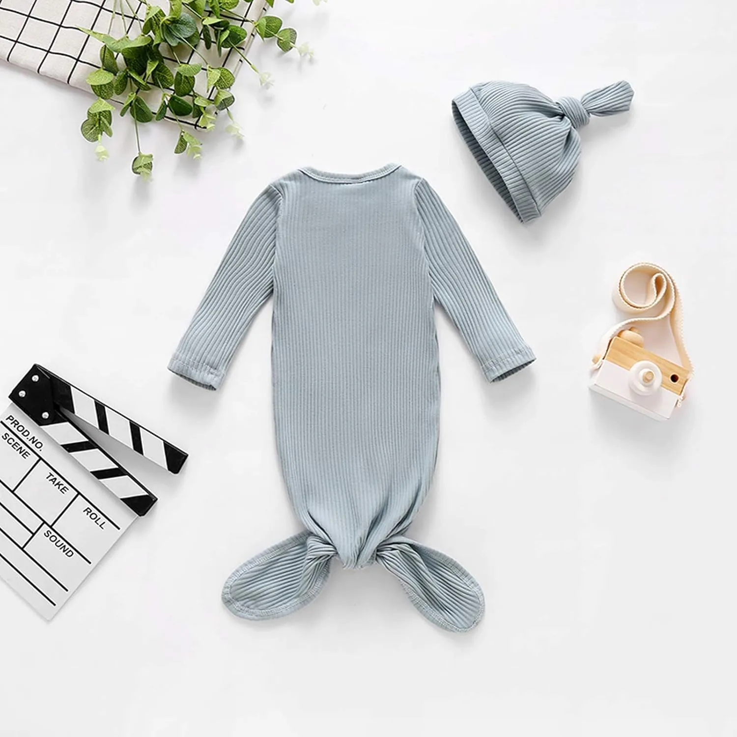 BASKOPA Baby Knotted Sleeper Gown Unisex Boys Girls Sleepsuits with Mitten Cuffs and Matching Hat Baby Coming Home Outfit