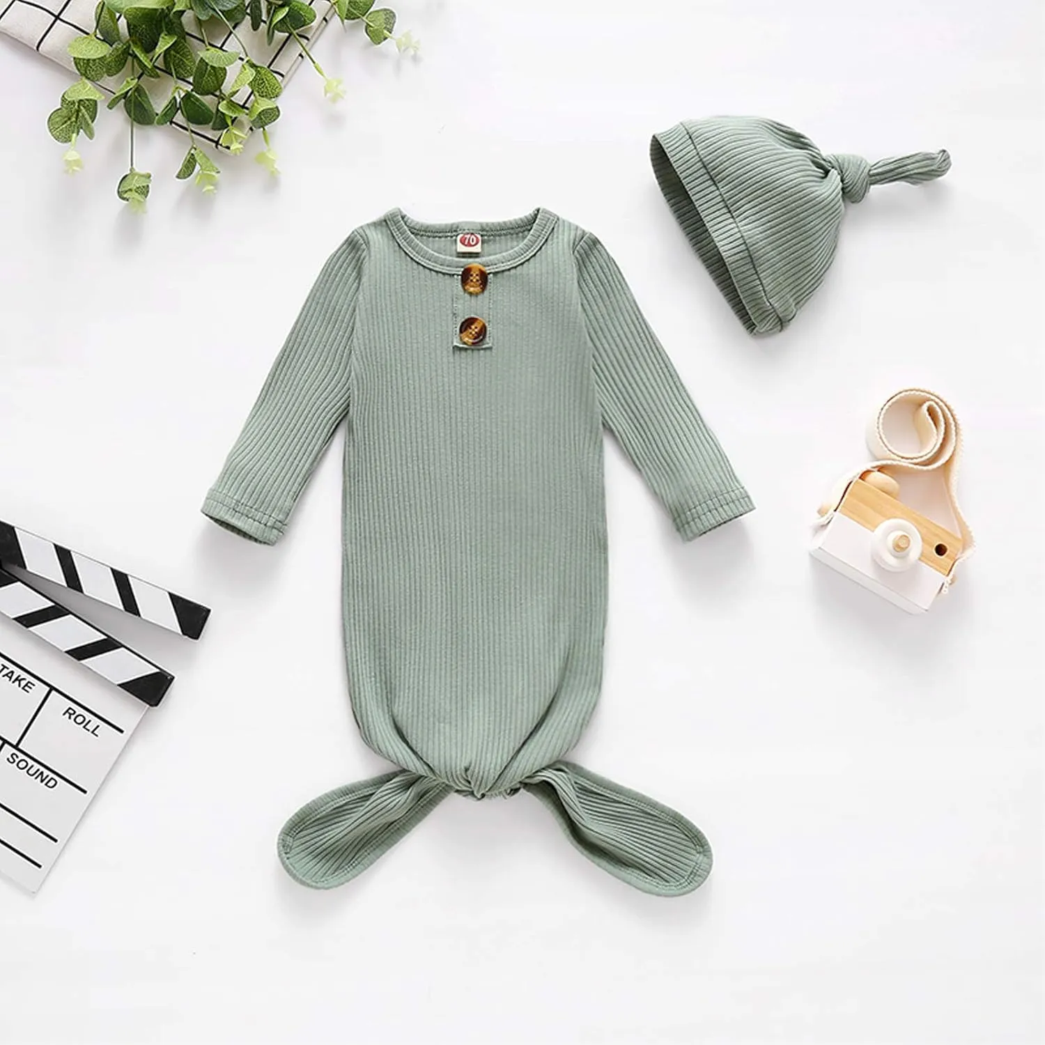BASKOPA Baby Knotted Sleeper Gown Unisex Boys Girls Sleepsuits with Mitten Cuffs and Matching Hat Baby Coming Home Outfit