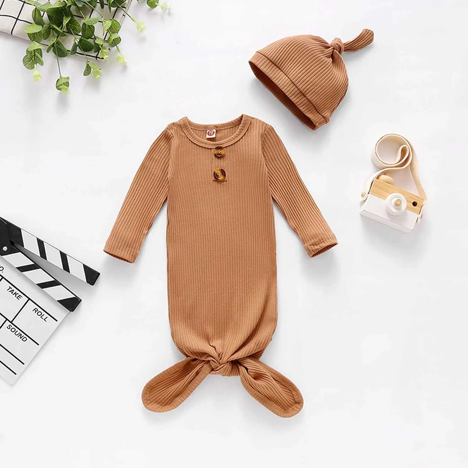 BASKOPA Baby Knotted Sleeper Gown Unisex Boys Girls Sleepsuits with Mitten Cuffs and Matching Hat Baby Coming Home Outfit