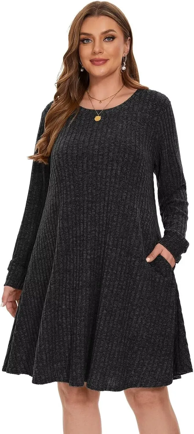 BELAROI Sweater Dress Plus Size Dresses Crew Neck Long Sleeve Casual Fall Winter Tunic Dress Pockets