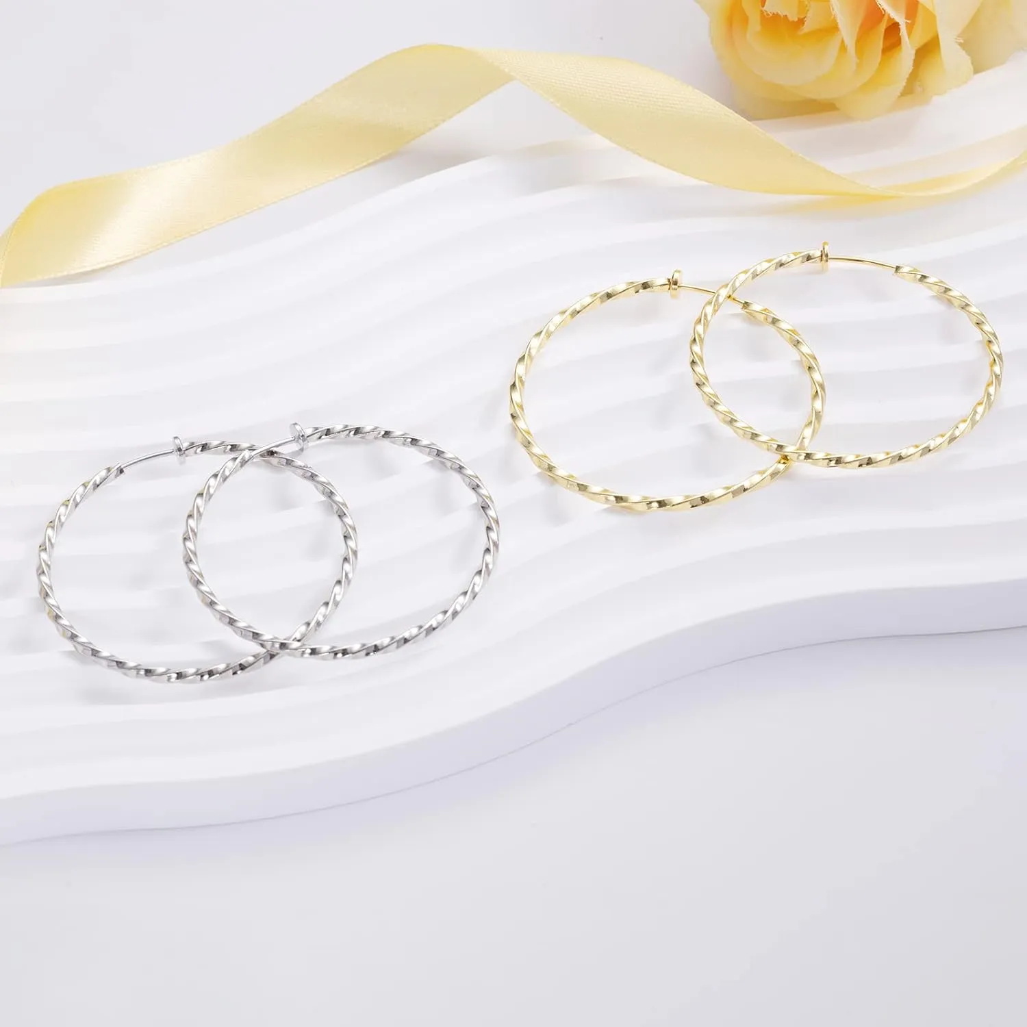 Big Clip On Twisted Hoop Earrings Jewelry Set Silver Gold Color