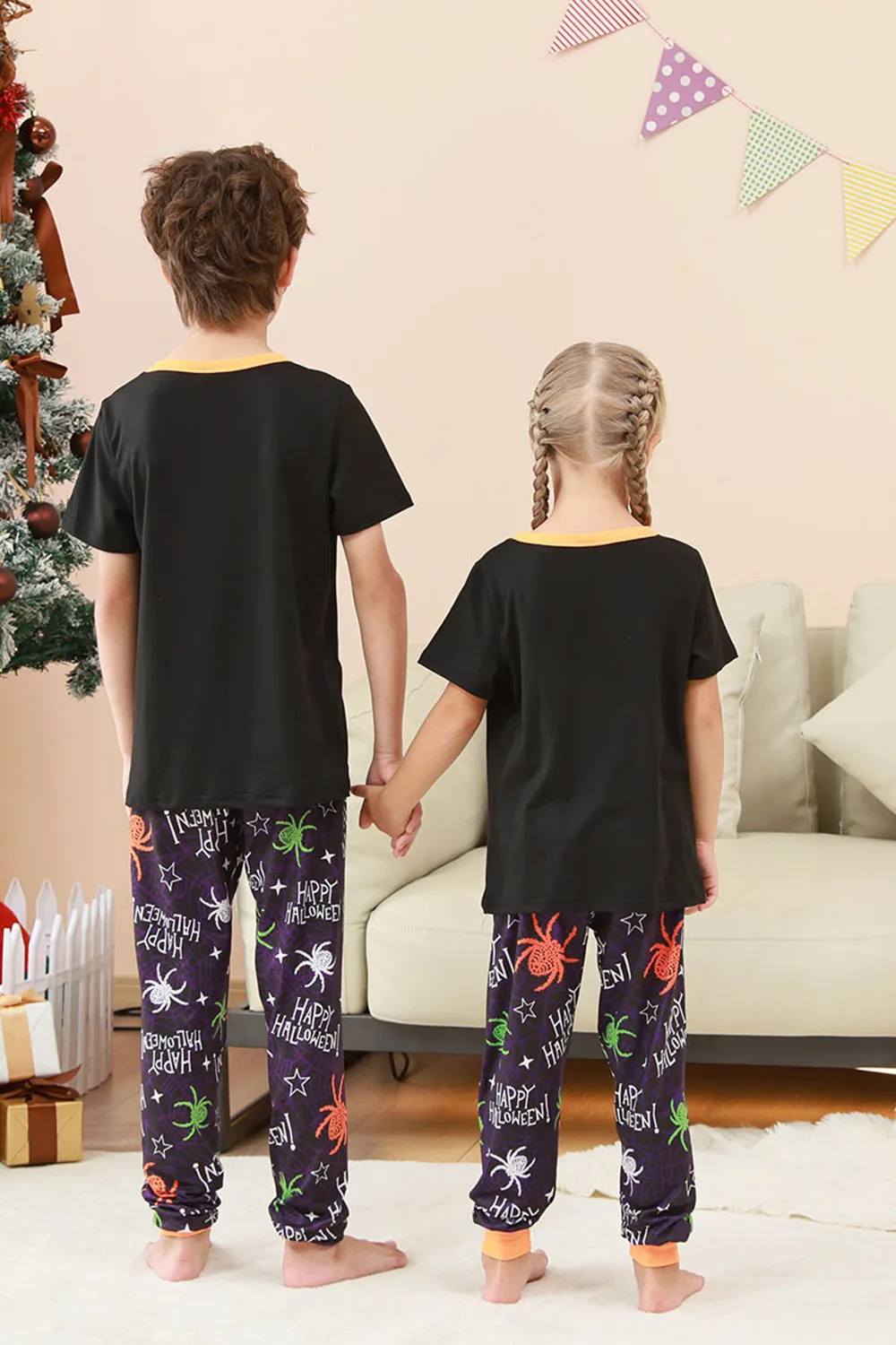 Black and Orange Spider Printed Halloween Family Pajamas Set