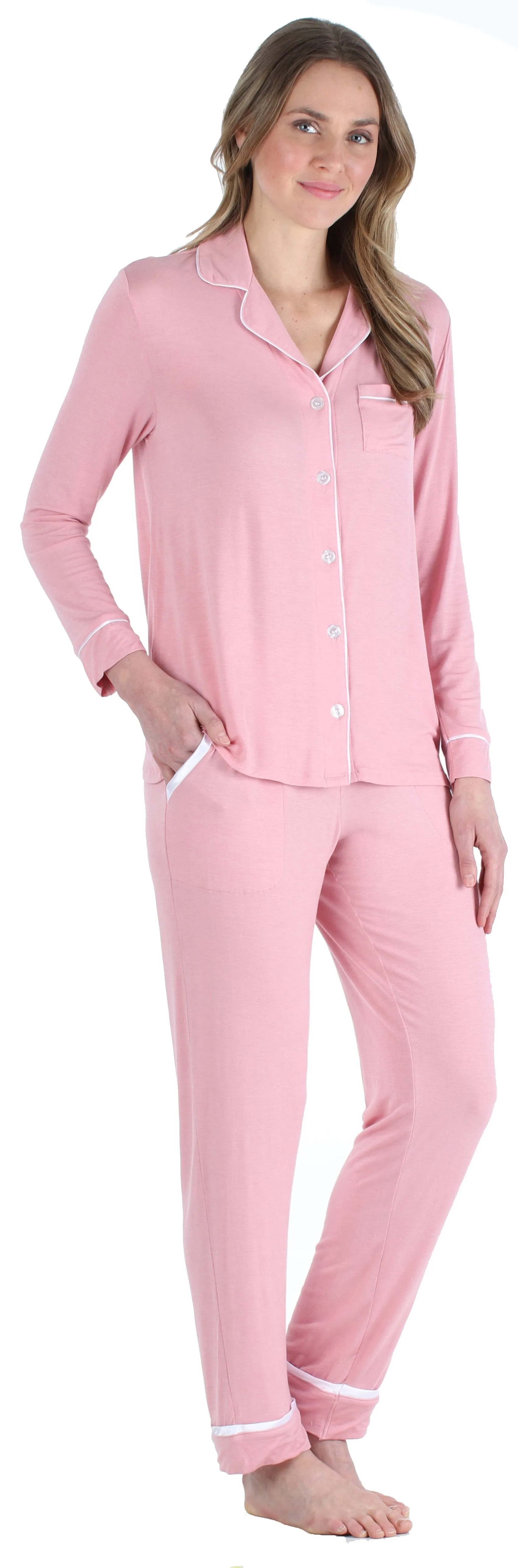bSoft Women’s Breathable Soft 2-Piece Long Sleeve Button-Down Pajama Lounger Set