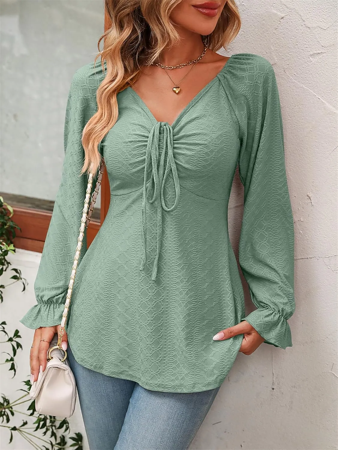 CASURESS Women's Tunic Tops for Leggings Long Sleeve Tie Front Casual Fall Blouses