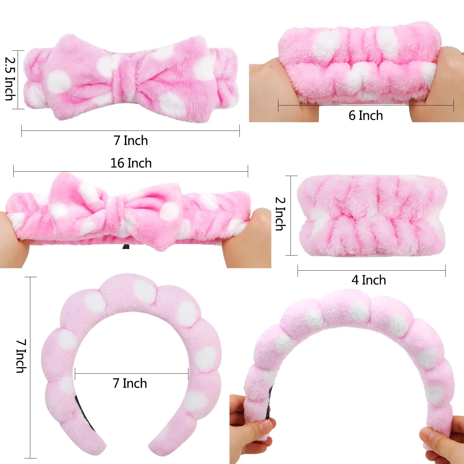 Chanaco Spa Set - Makeup, Skincare, and Face Wash Hair Band with Pink Sponge, Bow Tie Headband, and Wrist Bands for Women's Hair Accessories