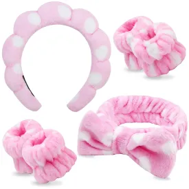 Chanaco Spa Set - Makeup, Skincare, and Face Wash Hair Band with Pink Sponge, Bow Tie Headband, and Wrist Bands for Women's Hair Accessories