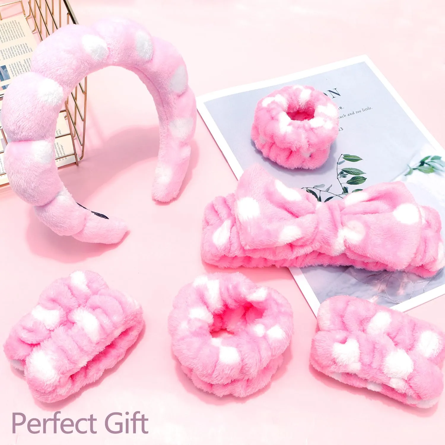 Chanaco Spa Set - Makeup, Skincare, and Face Wash Hair Band with Pink Sponge, Bow Tie Headband, and Wrist Bands for Women's Hair Accessories