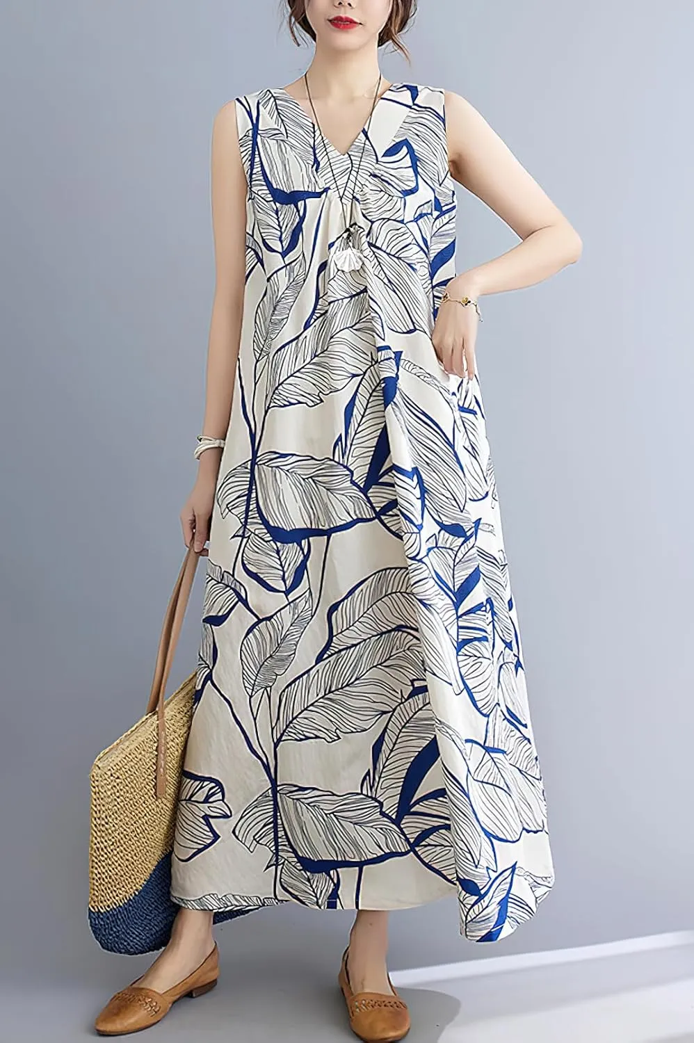 chouyatou Women's Summer Boho V Neck Floral Cotton Linen Sundress Tunic Shift Maxi Tank Dress