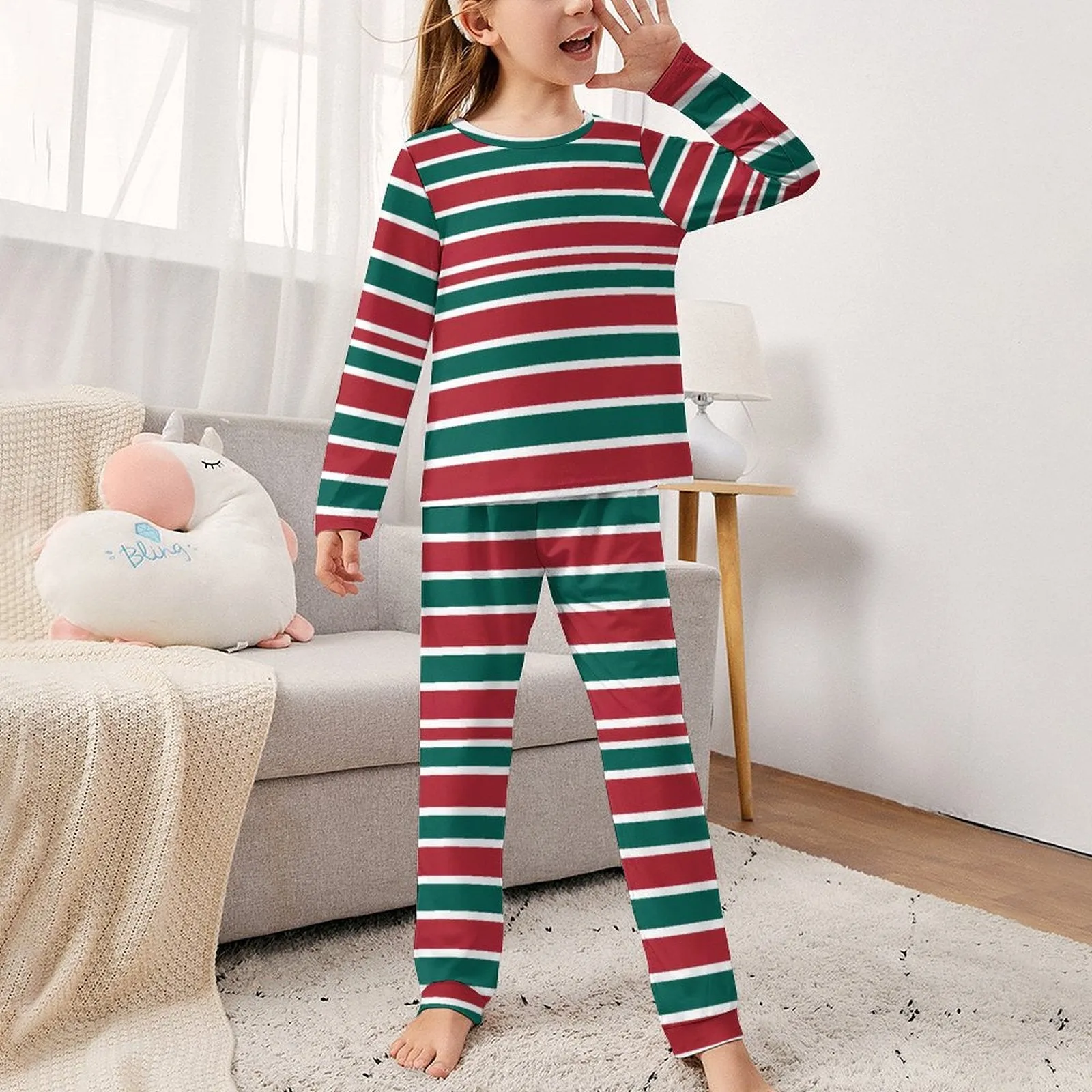 Christmas Striped Pajamas Set, Long Sleeve Girls Nightwear JTZ (All-Over Printing)