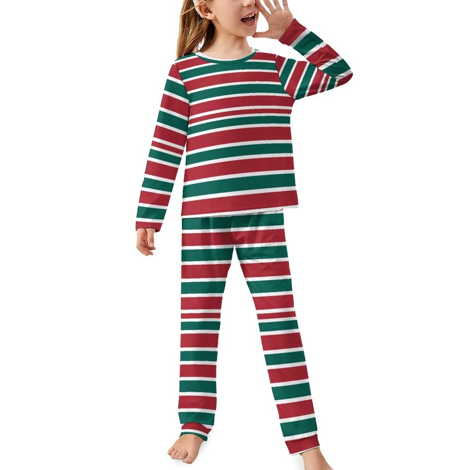 Christmas Striped Pajamas Set, Long Sleeve Girls Nightwear JTZ (All-Over Printing)