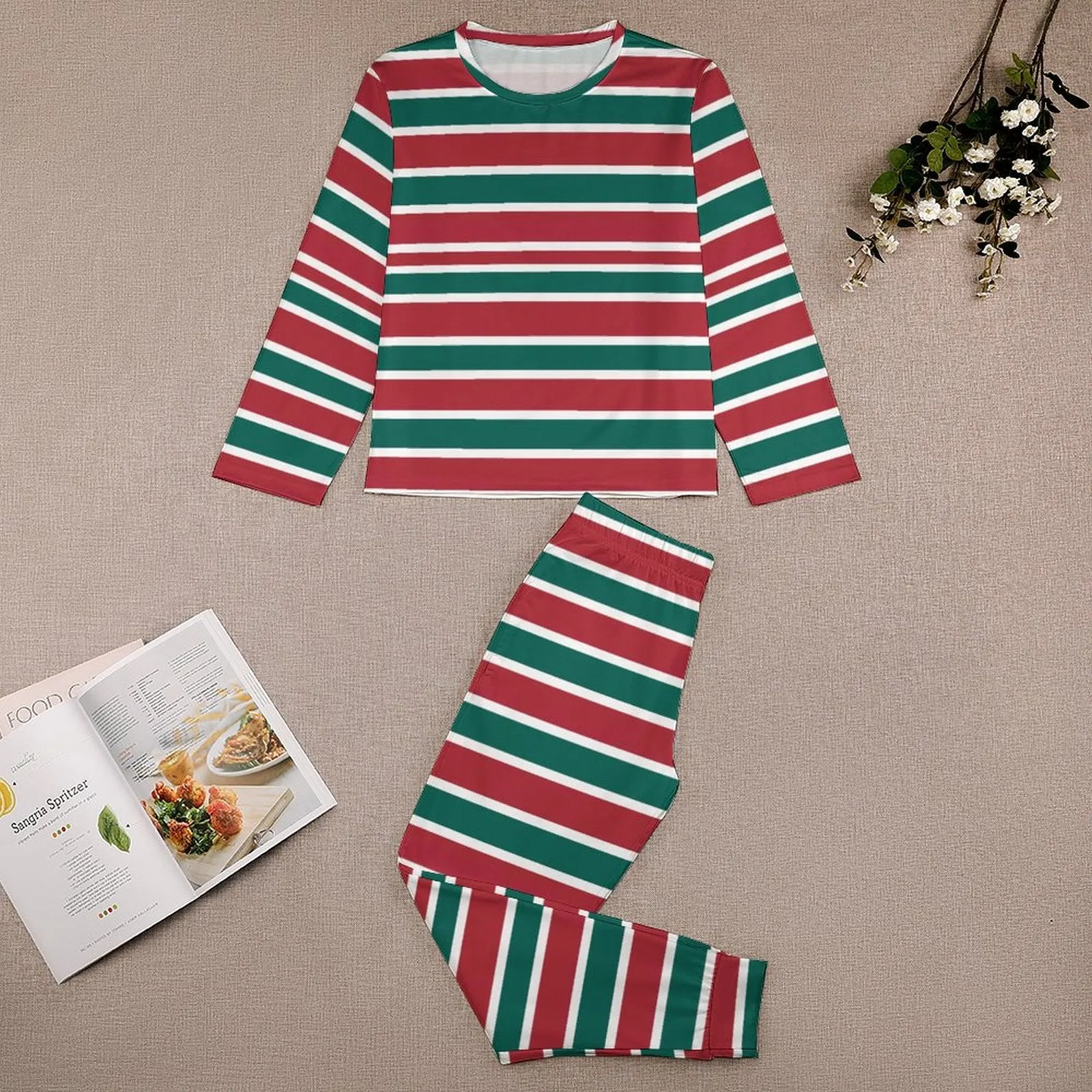 Christmas Striped Pajamas Set, Long Sleeve Girls Nightwear JTZ (All-Over Printing)