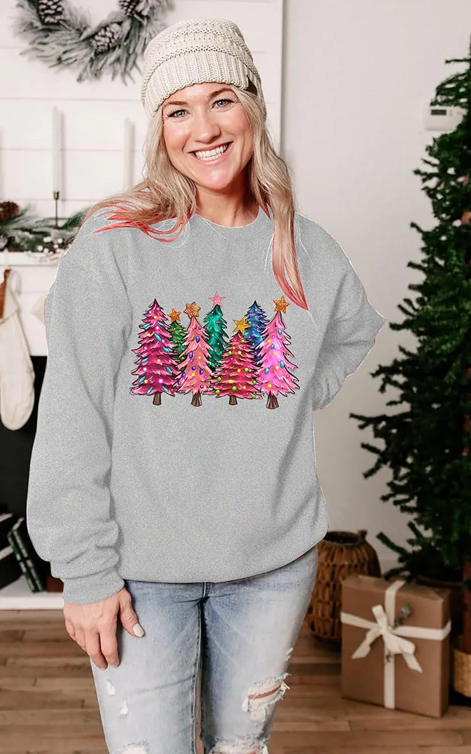 Christmas Sweatshirts Women Colorful Christmas Tree Graphic Shirt Xmas Holiday Party Long Sleeve Pullover Blouse