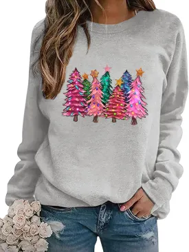 Christmas Sweatshirts Women Colorful Christmas Tree Graphic Shirt Xmas Holiday Party Long Sleeve Pullover Blouse