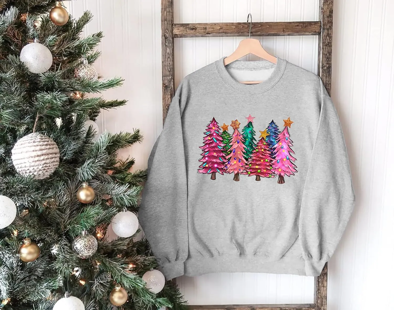 Christmas Sweatshirts Women Colorful Christmas Tree Graphic Shirt Xmas Holiday Party Long Sleeve Pullover Blouse