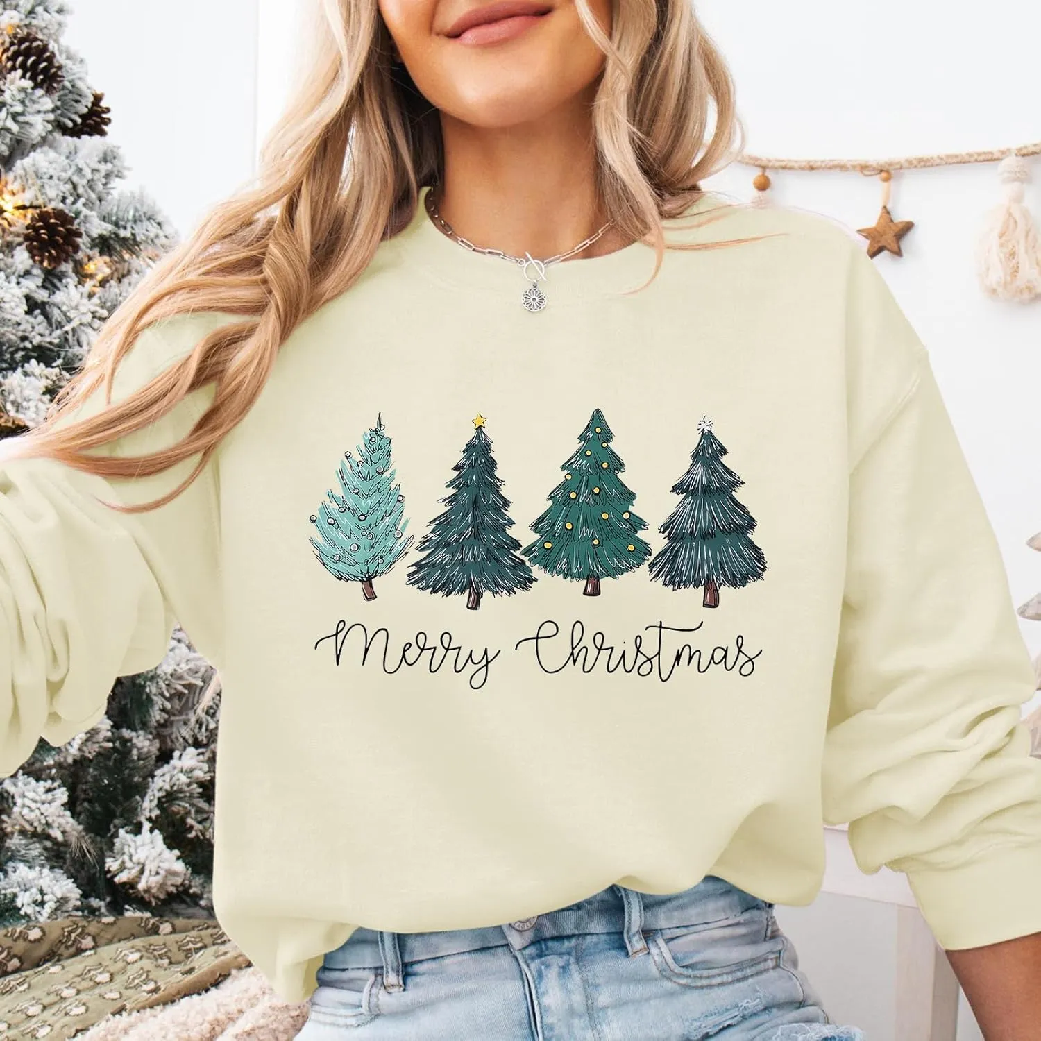 Christmas Tree Sweatshirt for Women Merry and Bright Graphic Long Sleeve Shirt Xmas Holiday Casual Pullover Tops