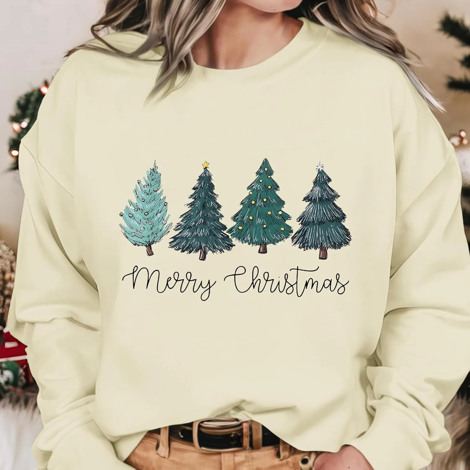 Christmas Tree Sweatshirt for Women Merry and Bright Graphic Long Sleeve Shirt Xmas Holiday Casual Pullover Tops