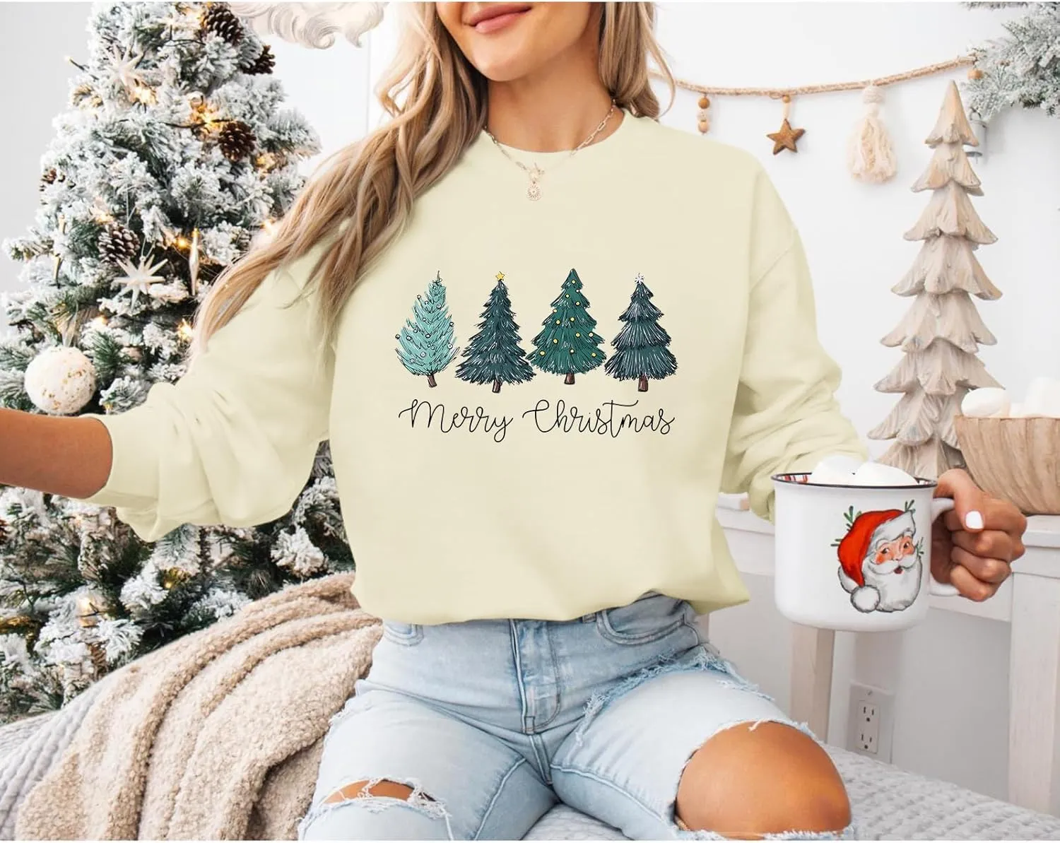 Christmas Tree Sweatshirt for Women Merry and Bright Graphic Long Sleeve Shirt Xmas Holiday Casual Pullover Tops