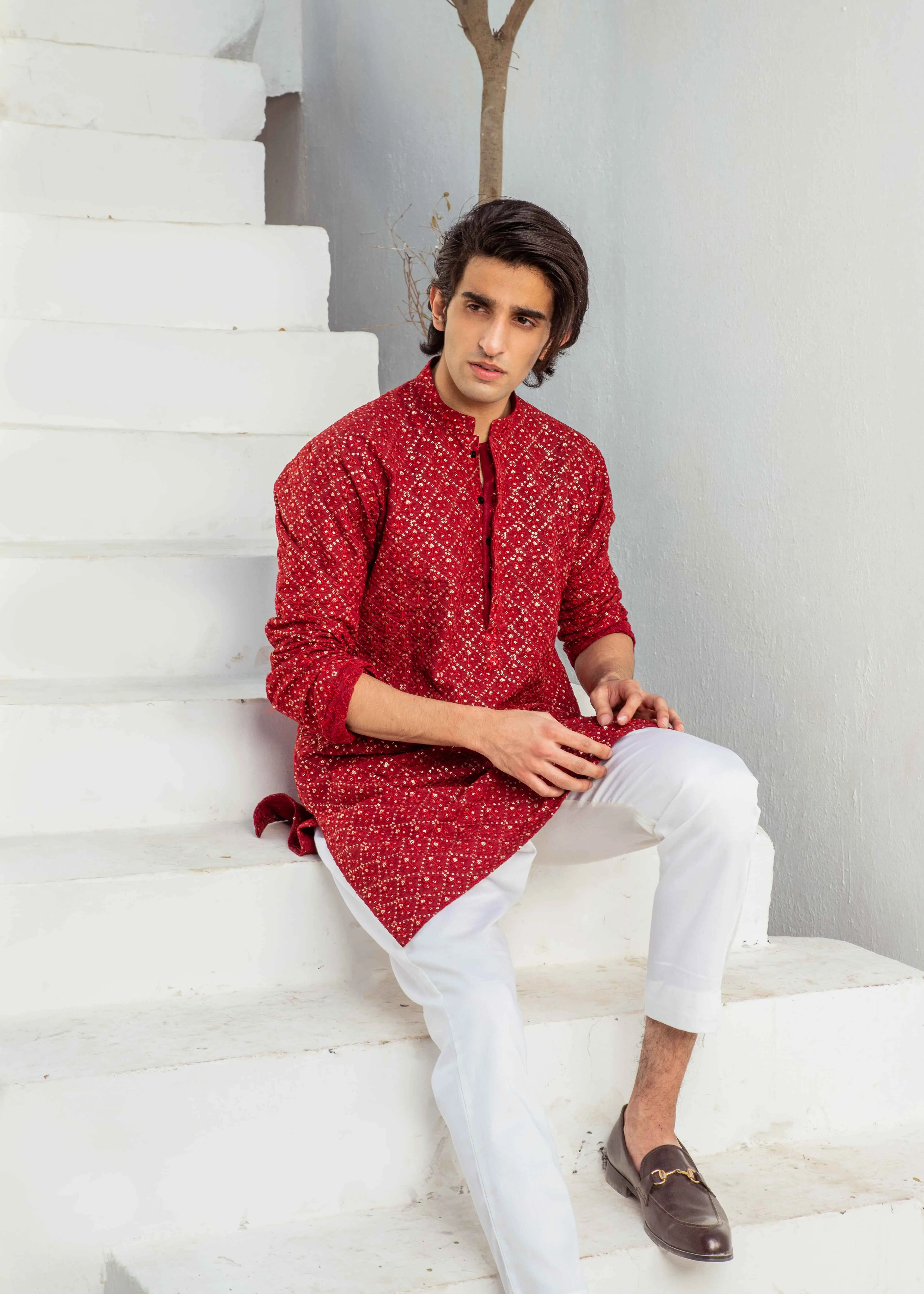 CK 729 Red Chanderi Kurta Pajama