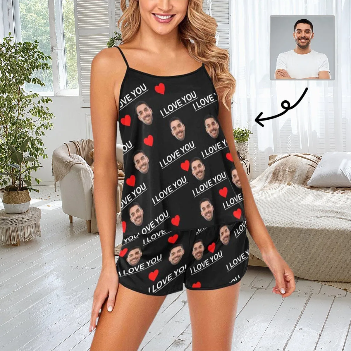 Custom Husband Face Sleeveless Nightshirt With Red Love & I Love You Personalized Women's Slumber Party Sexy Cami Pajamas Set