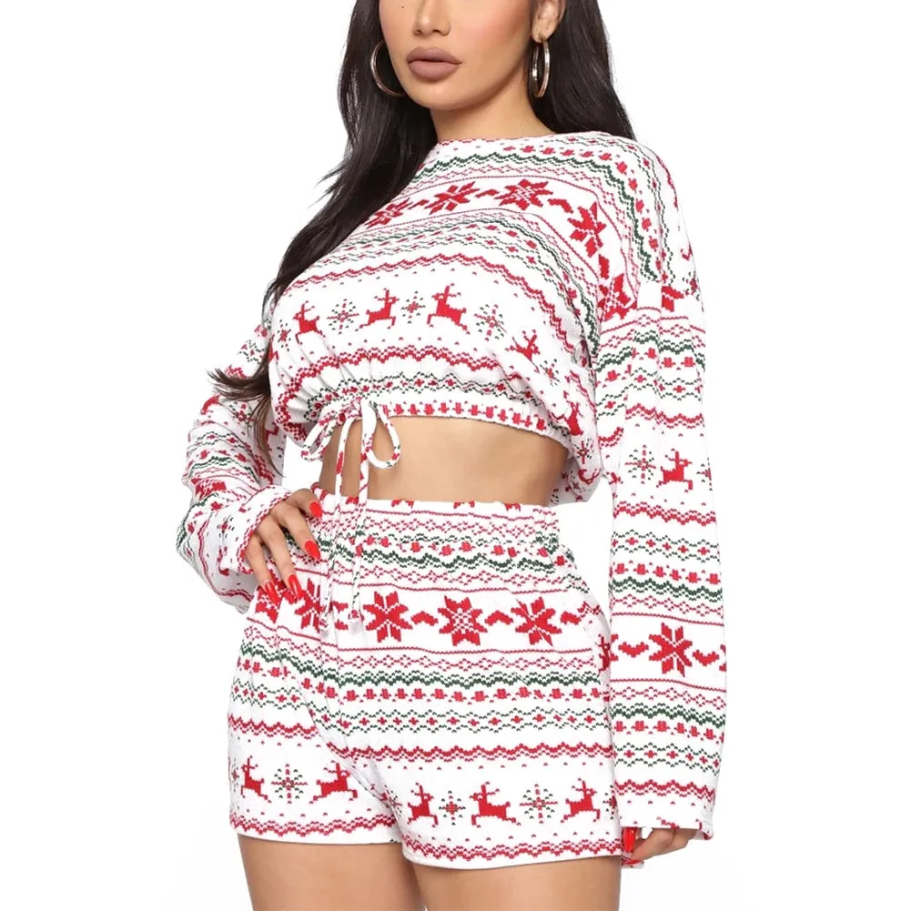 DressBetty - Christmas Pajama Sets Long Sleeve Crop Top Shorts 2Pcs Snowflake Print Knitted