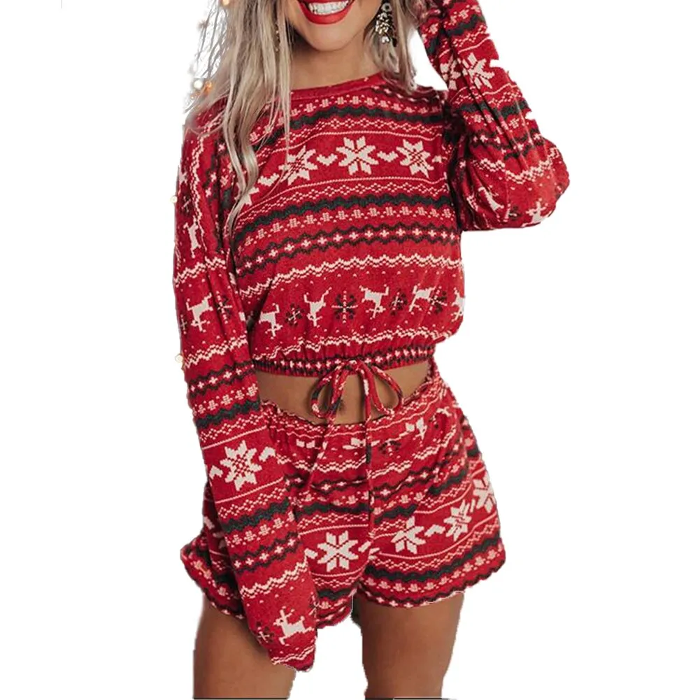 DressBetty - Christmas Pajama Sets Long Sleeve Crop Top Shorts 2Pcs Snowflake Print Knitted