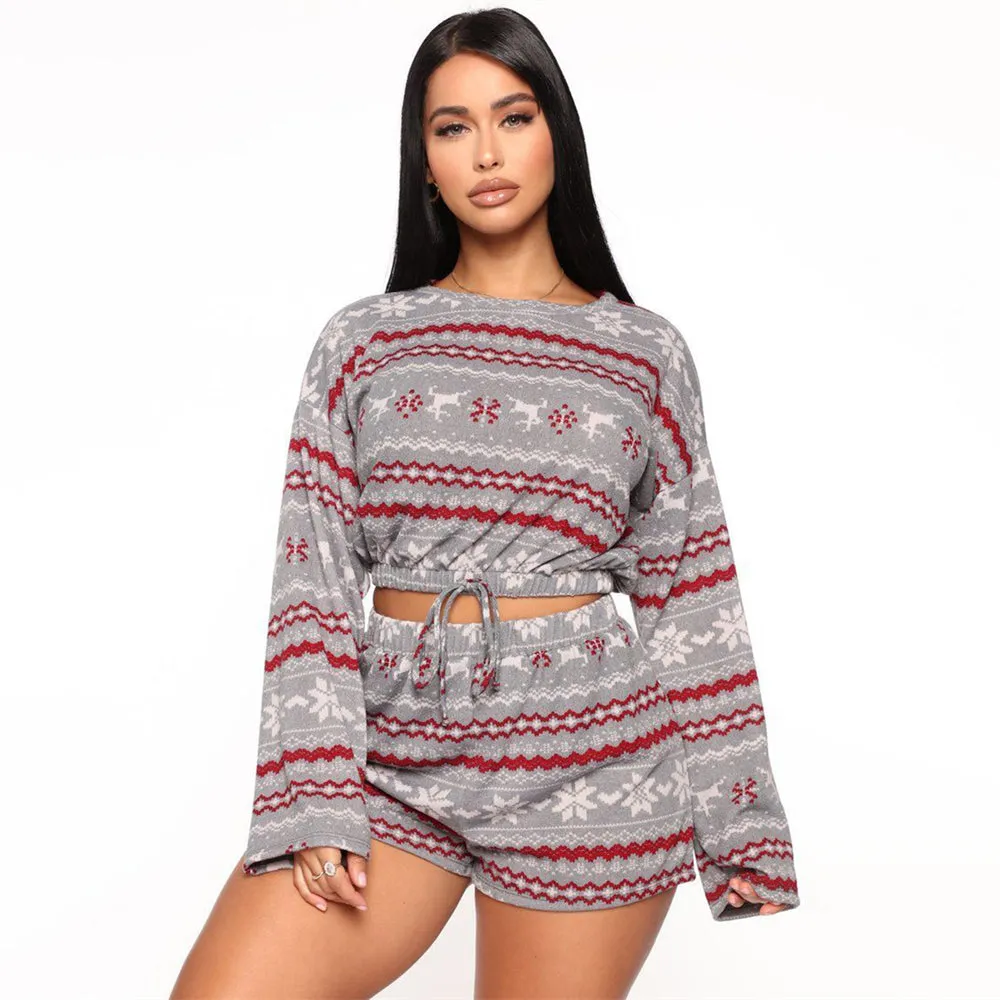 DressBetty - Christmas Pajama Sets Long Sleeve Crop Top Shorts 2Pcs Snowflake Print Knitted