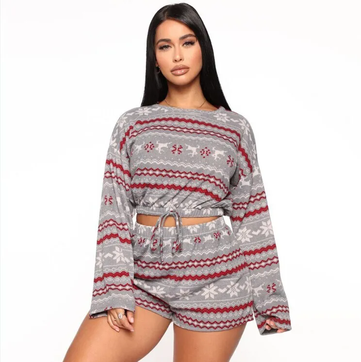 DressBetty - Christmas Pajama Sets Long Sleeve Crop Top Shorts 2Pcs Snowflake Print Knitted
